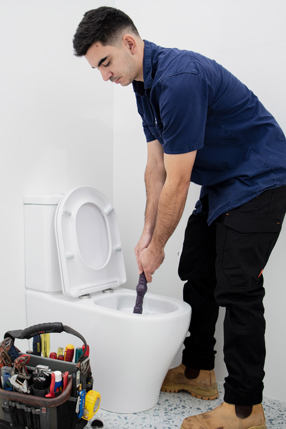 A licensed plumber fixing a blocked toilet with a plunger
