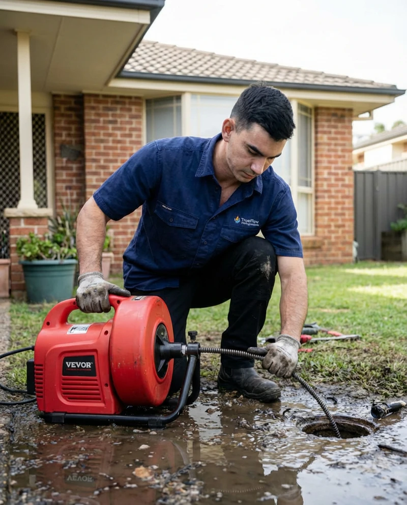 Plumber-clearing-drain-in-Killarney-Vale-NSW Plumber clearing a blocked drain in Killarney Vale NSW